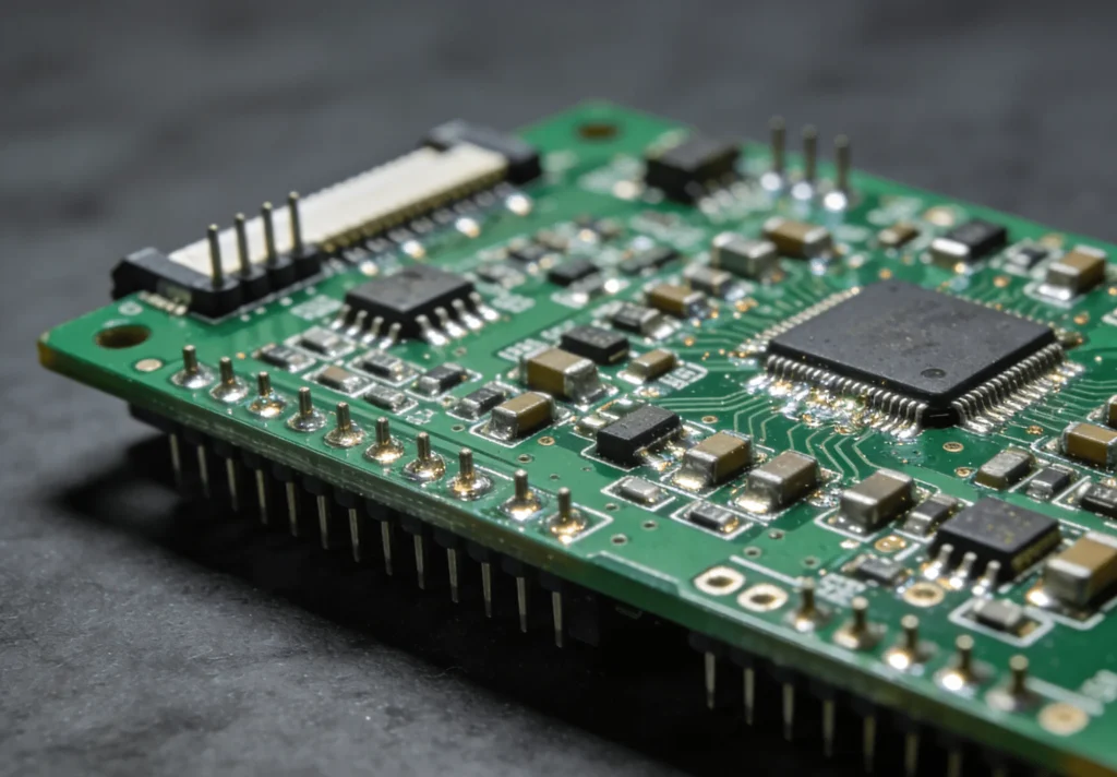 Green PCB board with mounted electronic components for circuit assembly