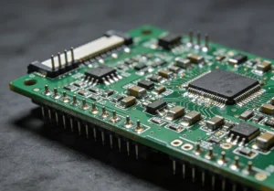 Green PCB board with mounted electronic components for circuit assembly