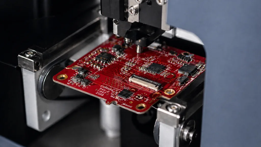 Precision drilling equipment processing a high-density PCB assembly