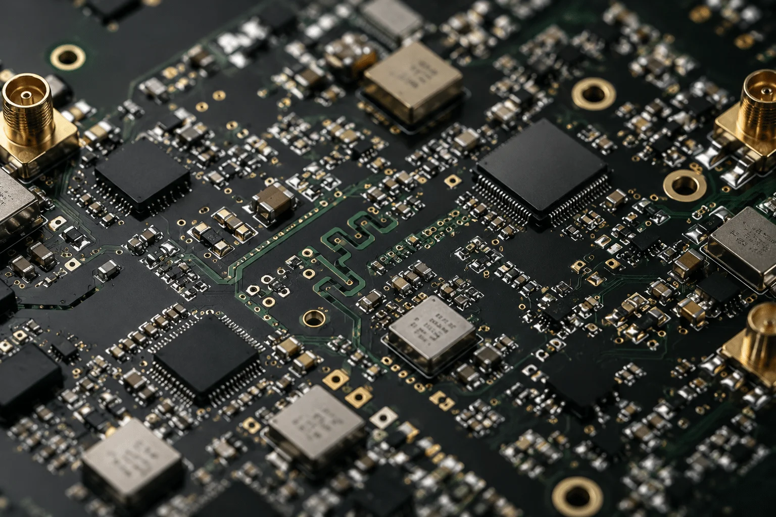Black PCB assembly with electronic components and integrated circuits