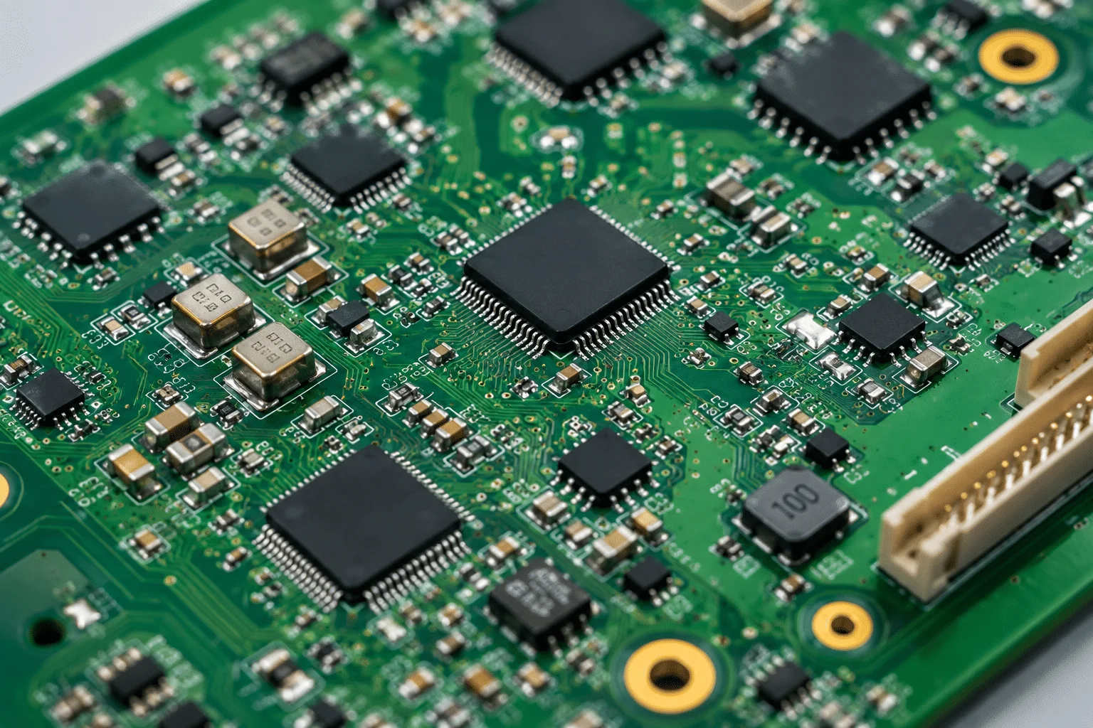 Green PCB assembly with IC chips and surface mount components