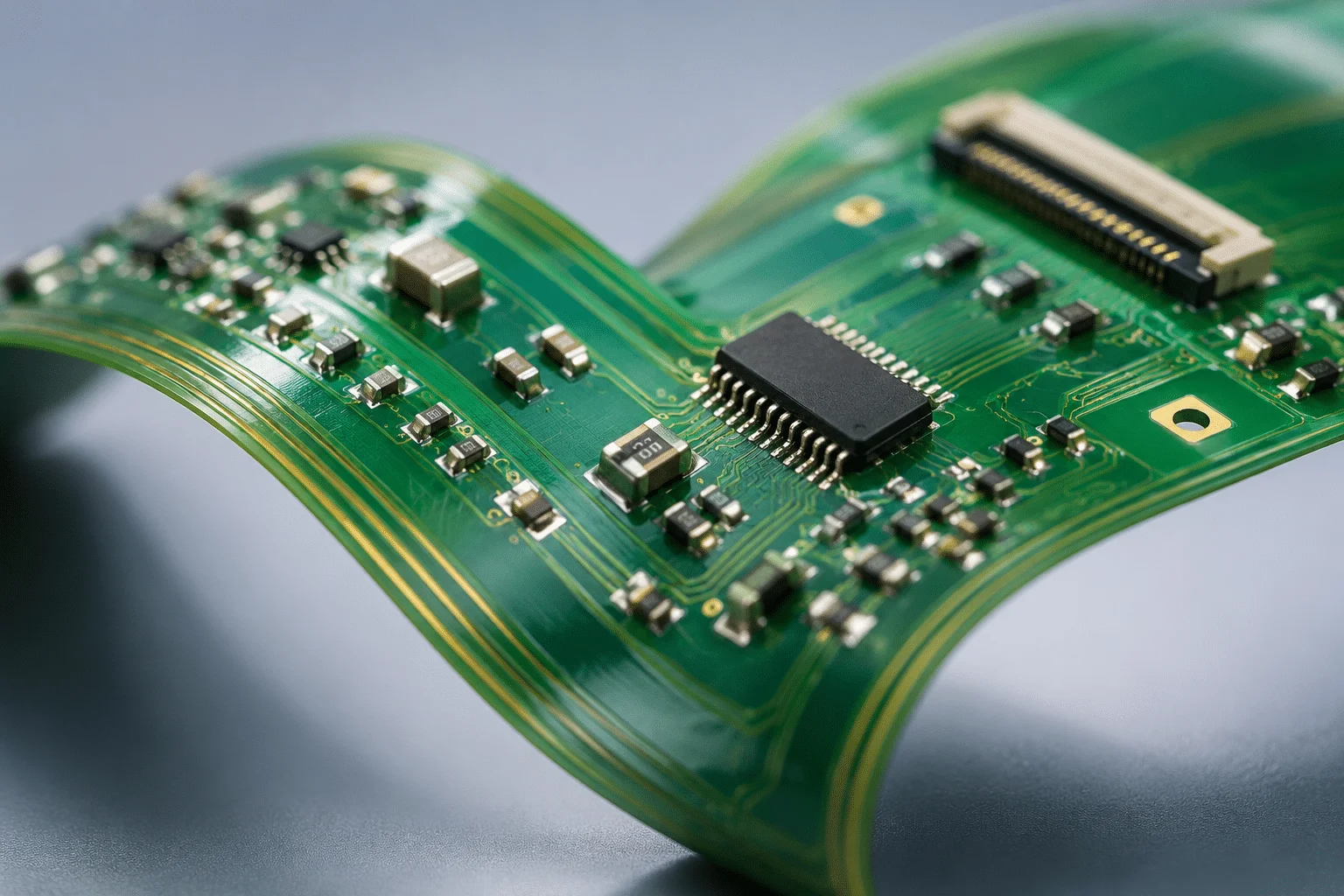 Flexible PCB board with mounted electronic components for compact devices