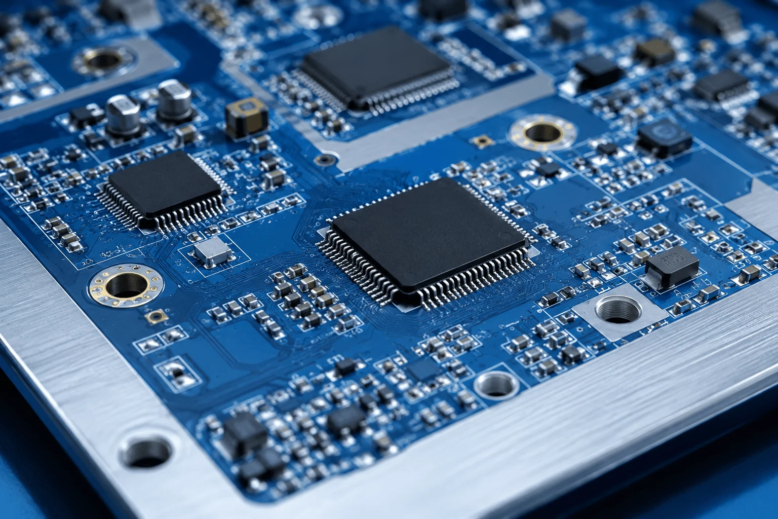 Blue PCB assembly with integrated circuits and surface mount components