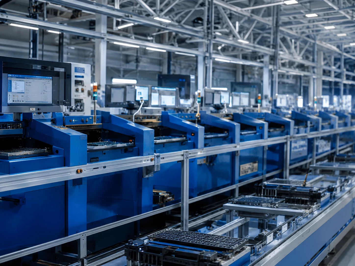Automated electronics manufacturing line for PCB production and assembly