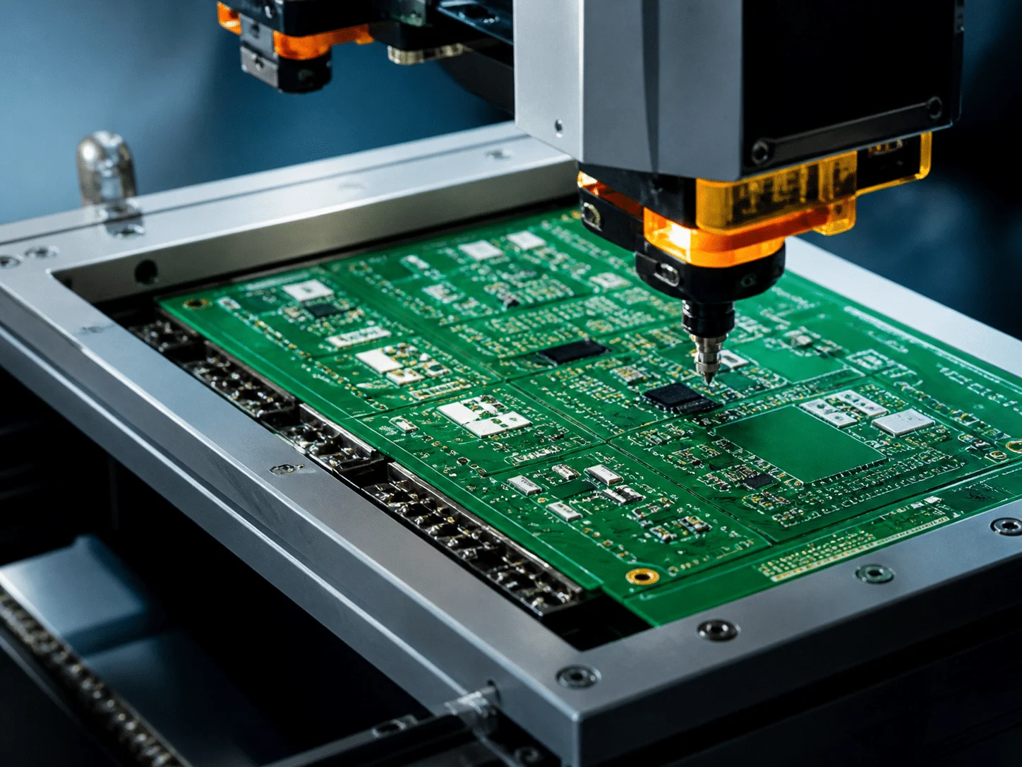 Automated PCB machine processing green printed circuit boards