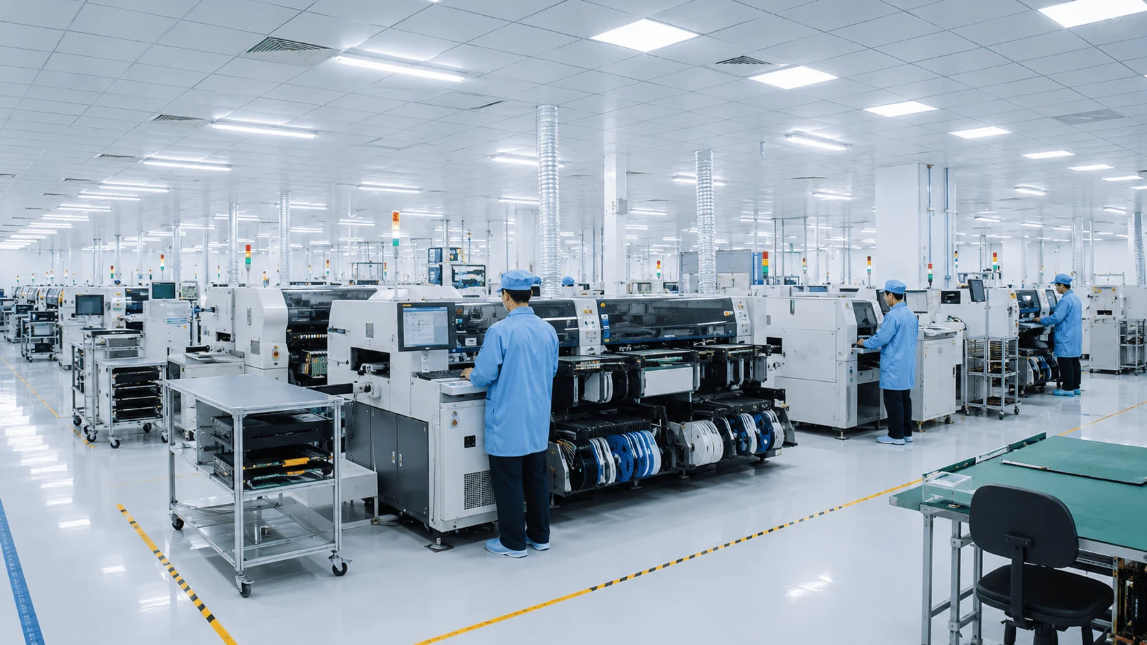 Automated SMT PCB assembly production line in electronics manufacturing cleanroom