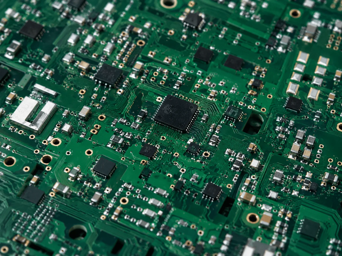 Green PCB board with electronic components for circuit board manufacturing