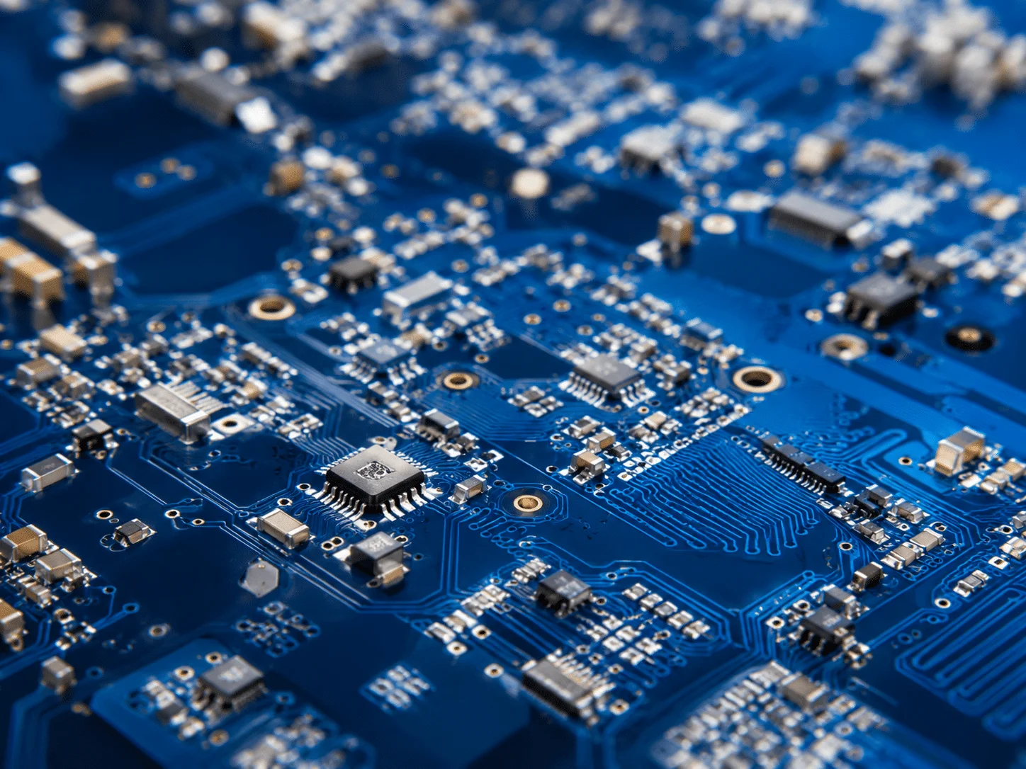 Blue PCB assembly with integrated circuits and surface mount components