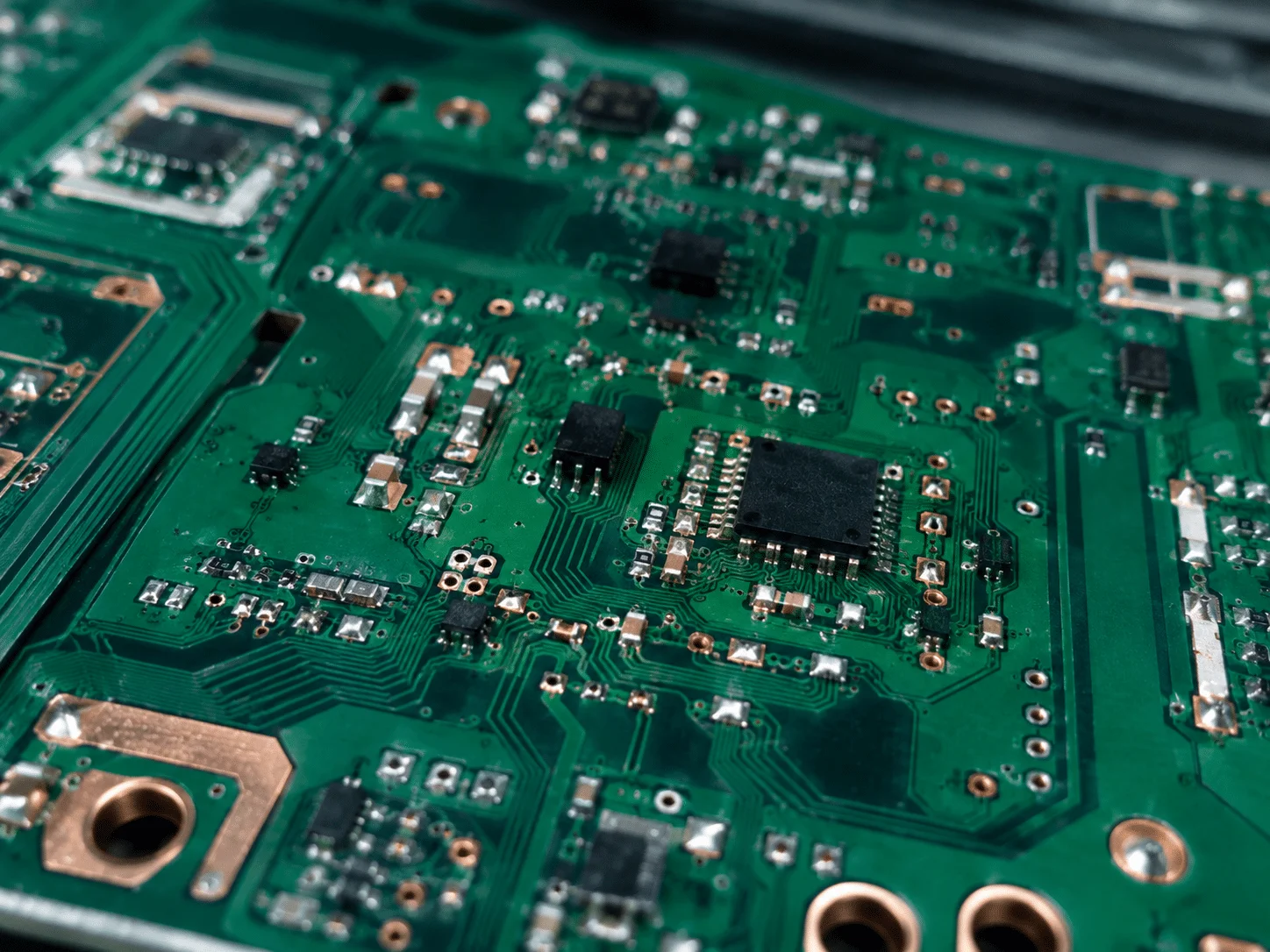Green printed circuit board with electronic components for PCB assembly
