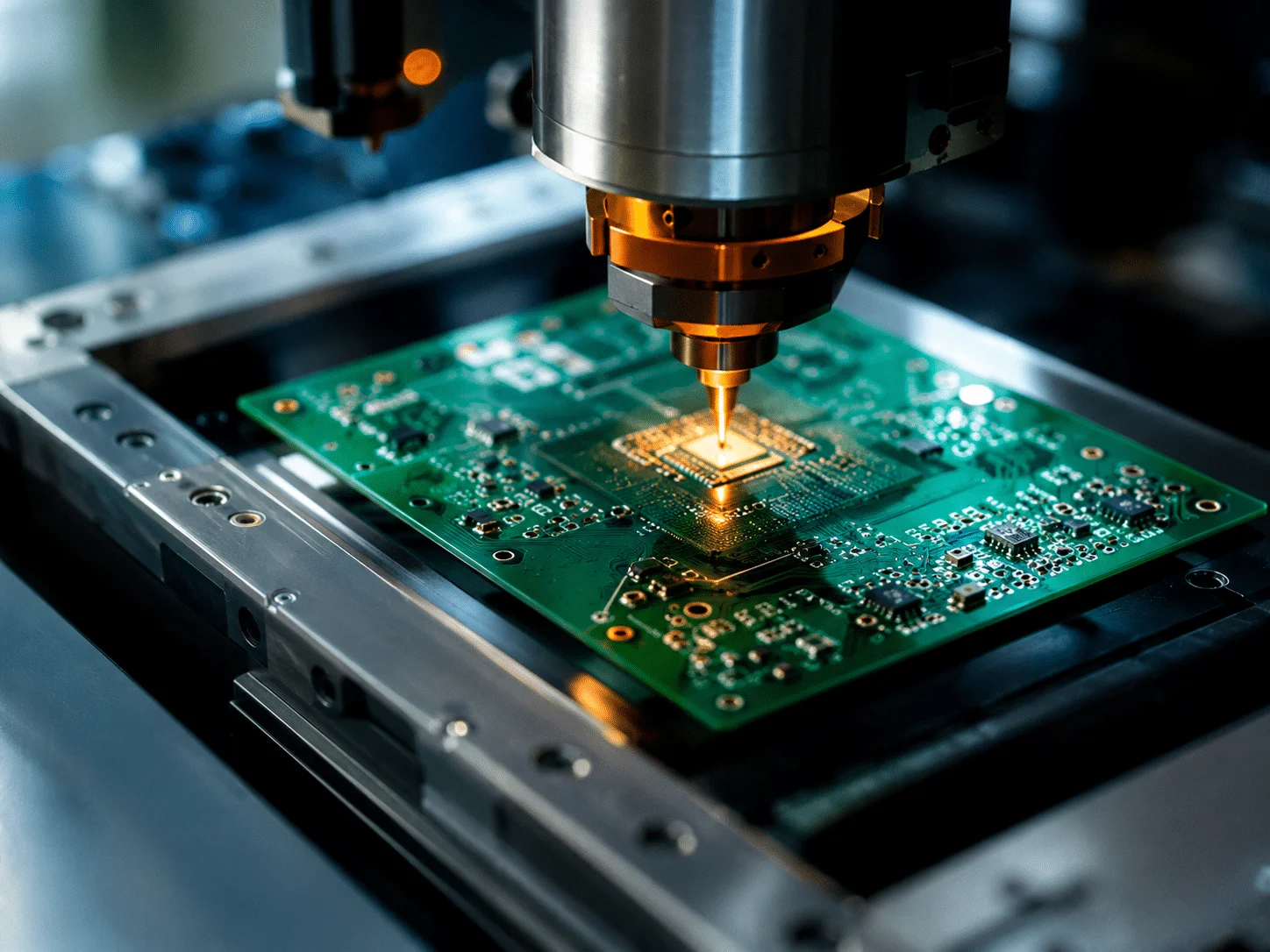 Automated PCB drilling machine processing green circuit board