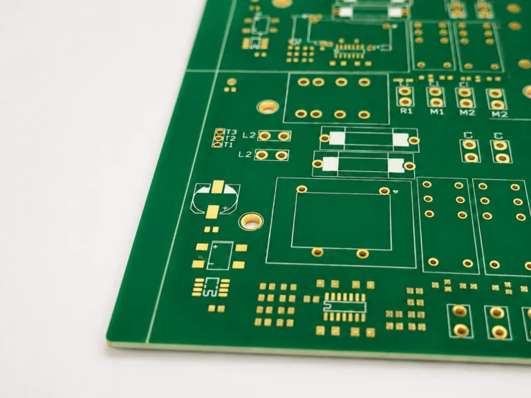 Green PCB with component footprints and plated holes for PCB layout process review