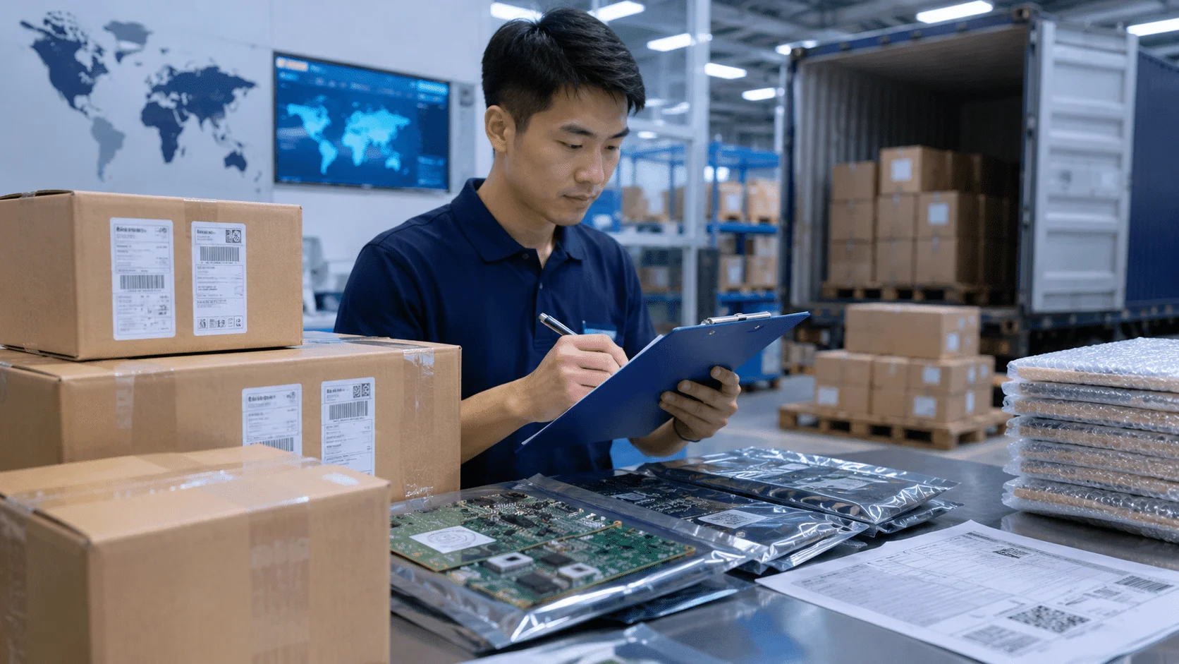 Staff preparing inspected PCB assemblies for packaging and shipment