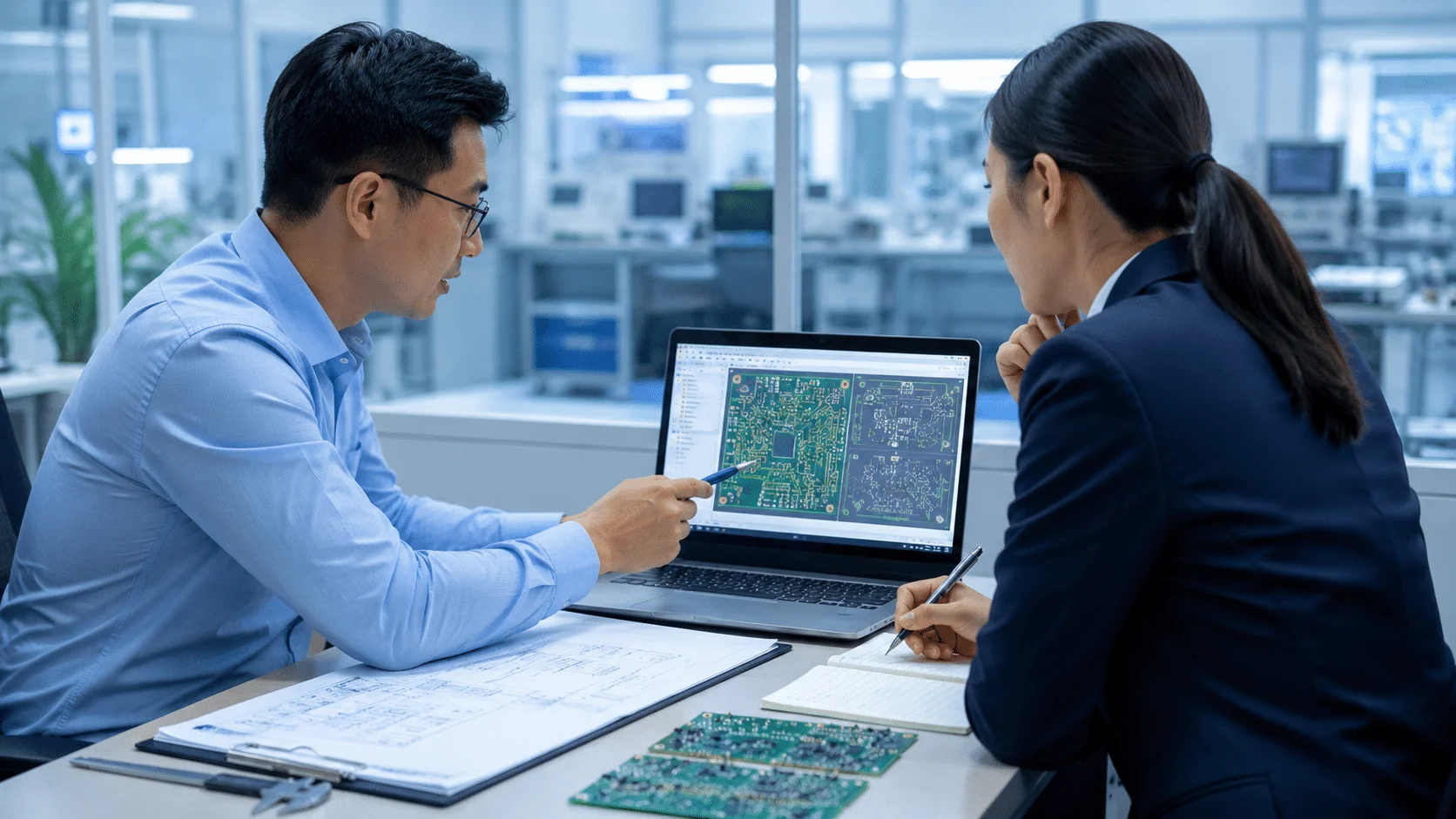 Engineers reviewing PCB design for electronics manufacturing project