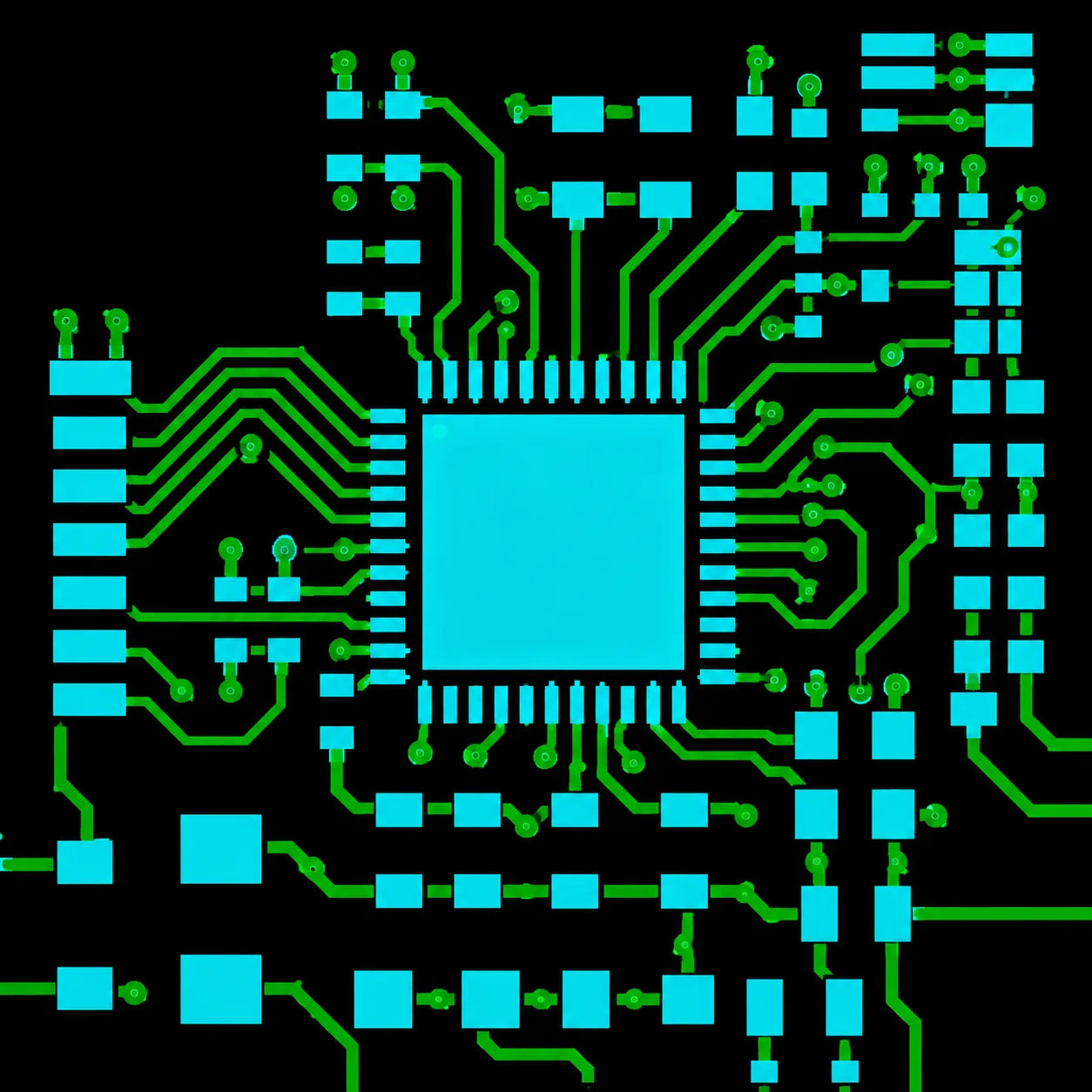 RF microwave PCB layout with routed traces and component pads