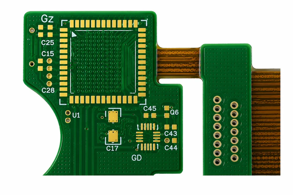 Rigid-flex PCB prototype with gold-plated pads and flexible circuits