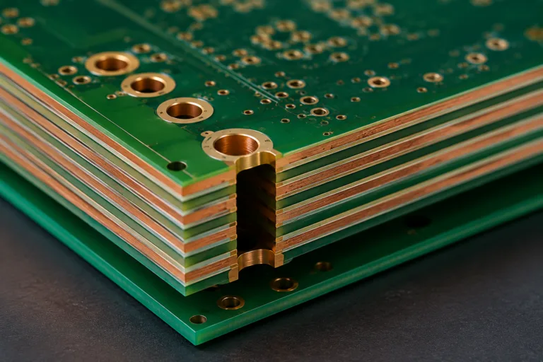 Multilayer PCB with copper-filled microvias and epoxy-filled vias