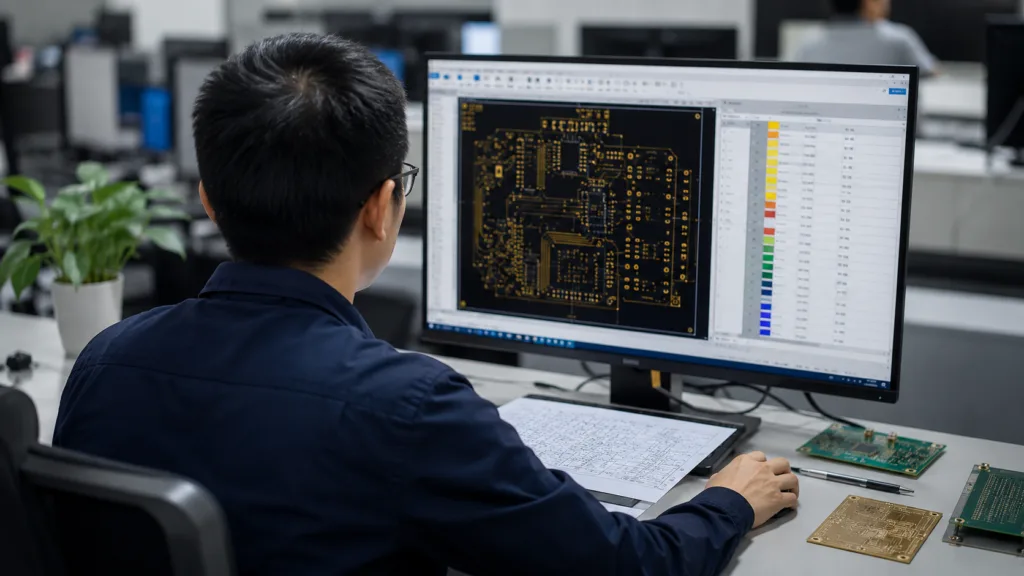 Engineer reviewing heavy copper PCB layout and Gerber files