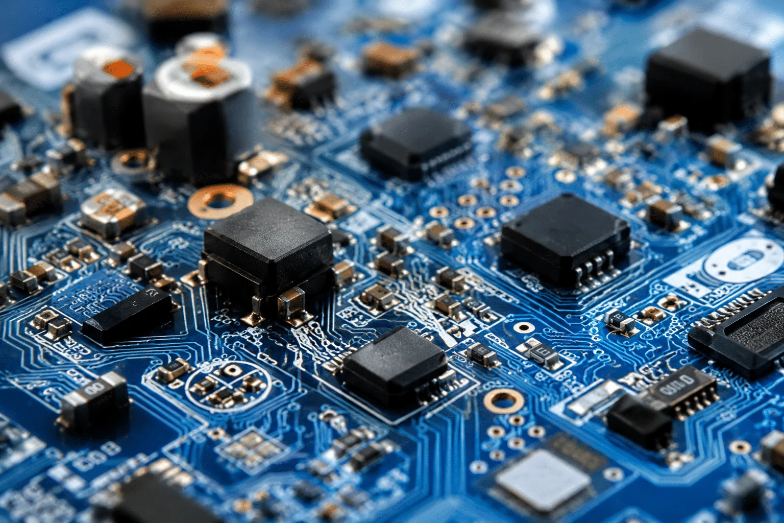 Blue PCB assembly with integrated circuits and electronic components