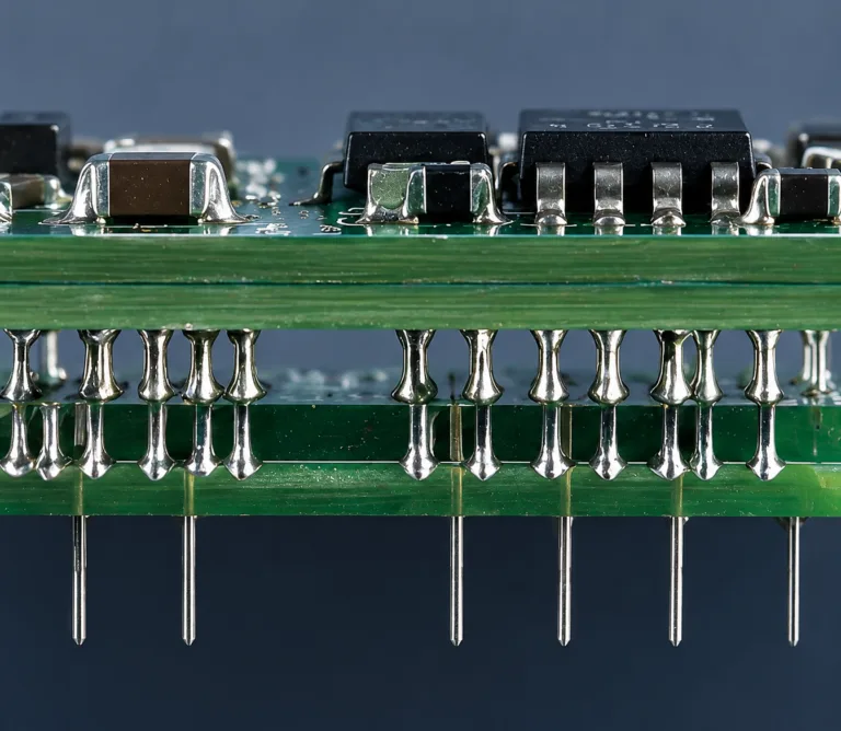 Stacked PCB assemblies with soldered through-hole component leads