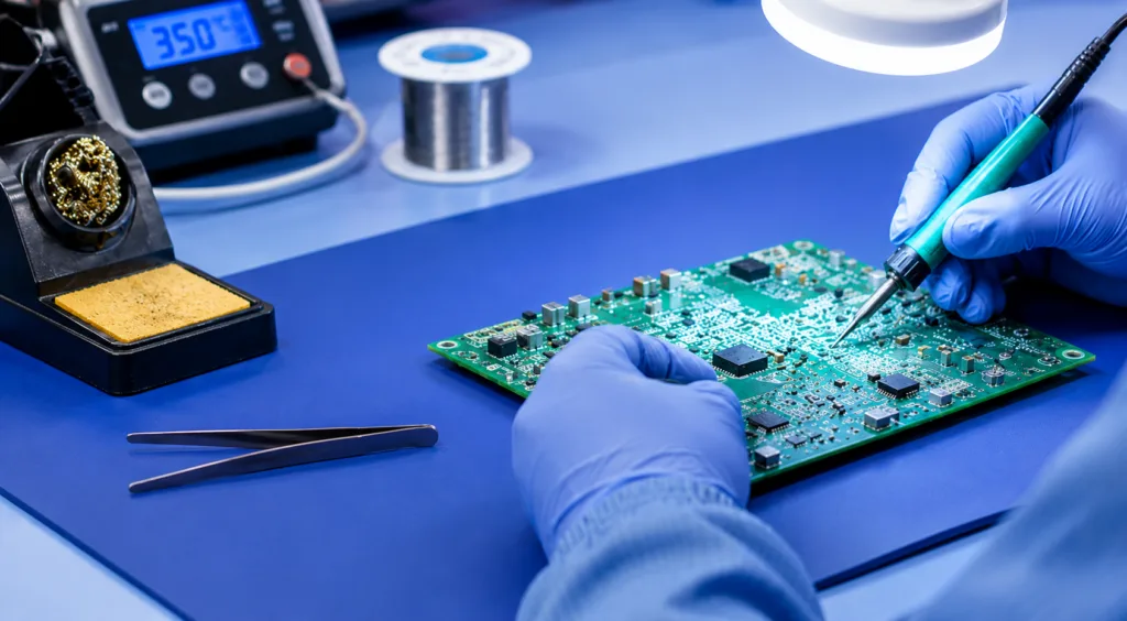 PCB assembly process including component sourcing SMT assembly inspection and final testing in electronics factory