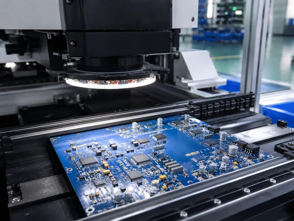 AOI inspection of assembled blue PCB during printed circuit board assembly quality control