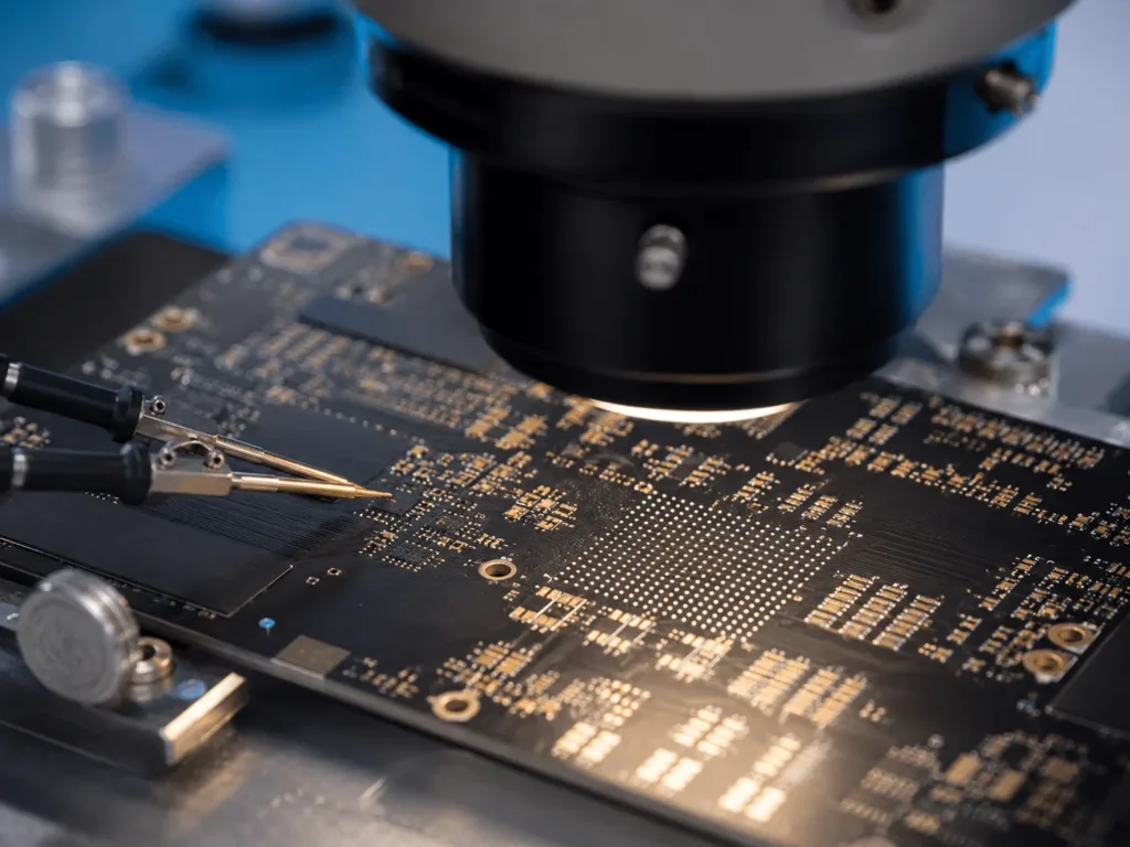 Close-up inspection of HDI PCB microvia and fine-pitch routing areas