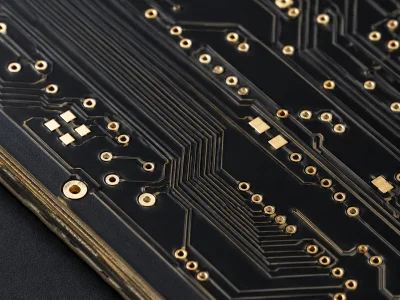 Black FR4 PCB signal-trace detail showing plated vias and compact routing for stack-up review