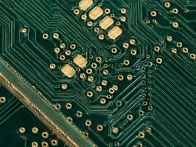 Close-up of FR4 PCB signal traces, small vias, and multilayer edge detail. Close-up of FR4 PCB signal traces, small vias, and multilayer edge detail.