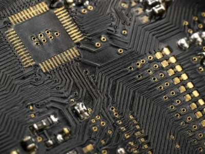 Close-up of multilayer PCB impedance traces and microvia pad details