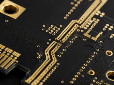 Close-up review of a Rogers RO4350B RF PCB with controlled impedance routing Macro close-up of multilayer PCB traces, vias, and layered board details