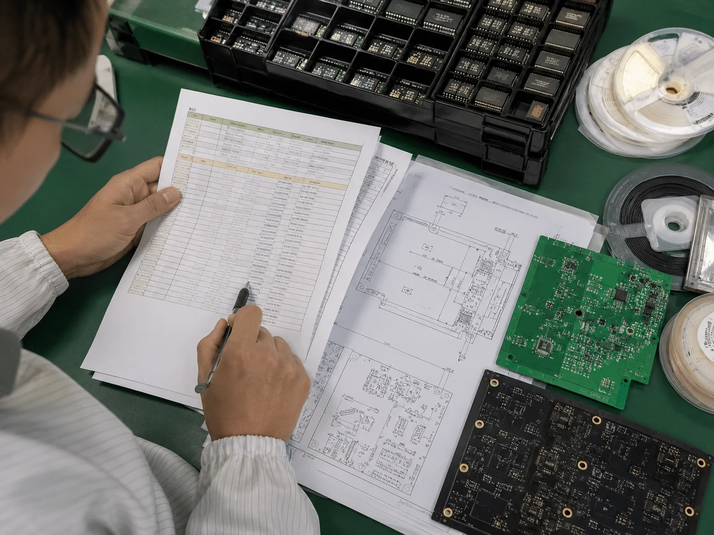 Engineer reviewing BOM and component reels for turnkey PCB assembly planning