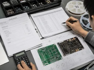 Engineer reviewing PCB assembly cost documents with BOM and component reels