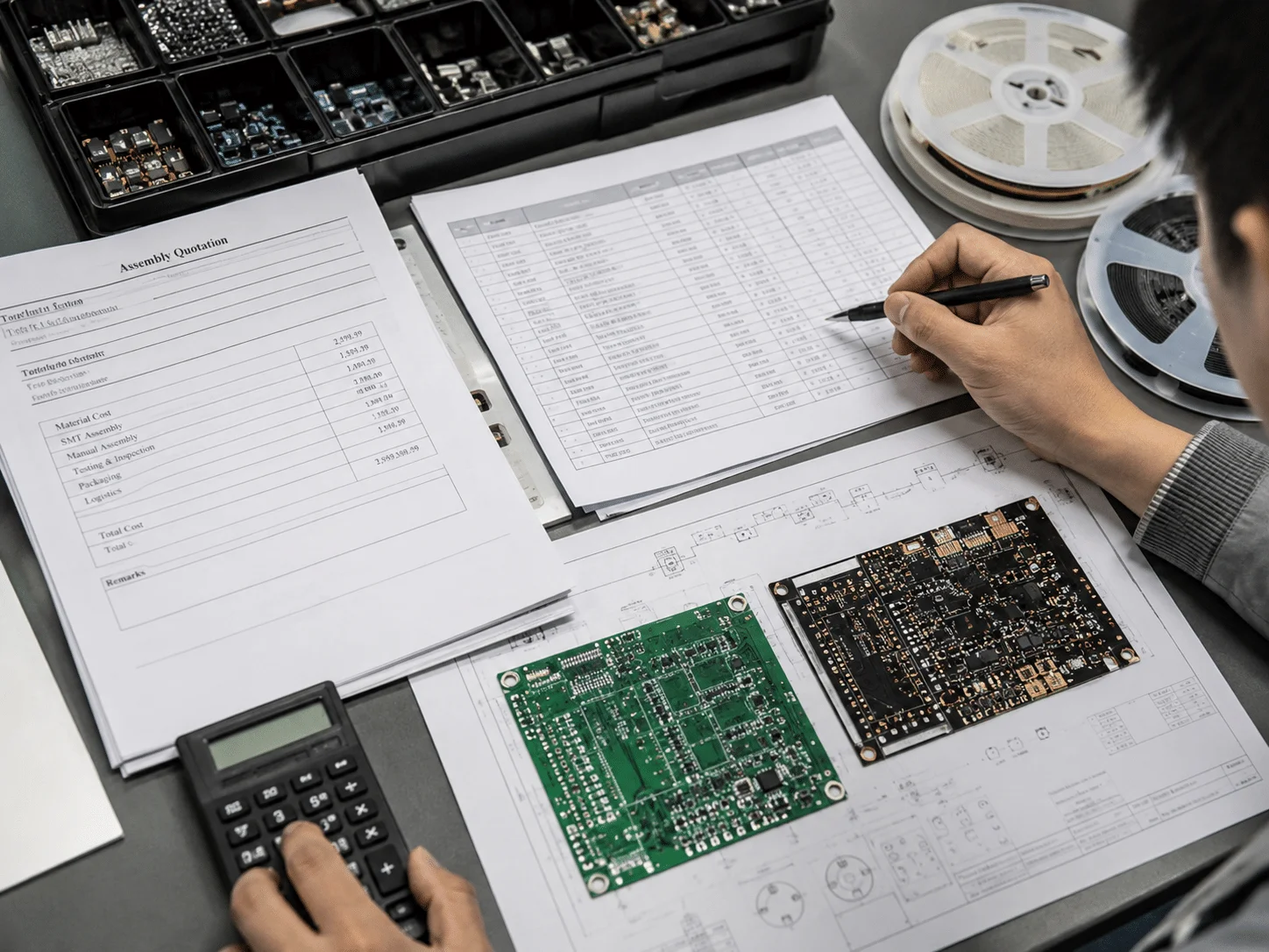 Engineer reviewing PCB assembly cost documents with BOM and component reels