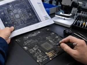 Engineer reviewing an HDI PCB stack-up and microvia design before manufacturing