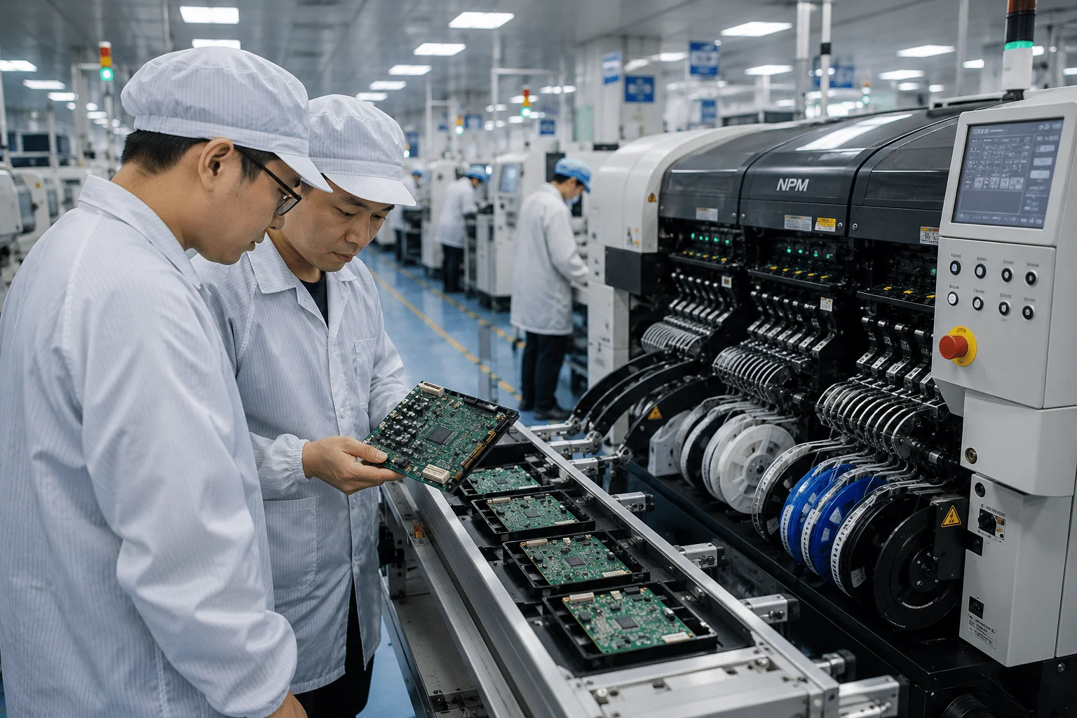 Engineers reviewing prototype PCB assemblies alongside an SMT production line before volume manufacturing release