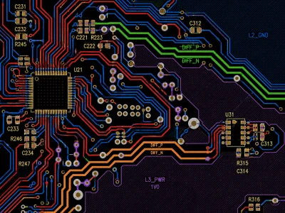 FR4 multilayer PCB layout detail showing signal routing and via placement for stack-up review