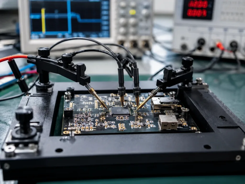 Functional testing fixture checking a black PCBA before production release