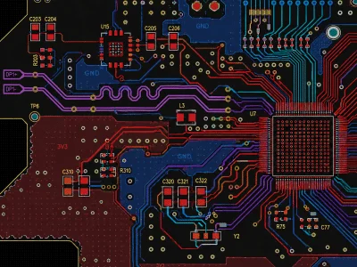 High frequency PCB layout detail showing controlled routing, plated vias, and nearby reference plane areas