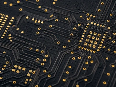 High frequency PCB material detail with fine RF routing, plated vias, ENIG pads, and laminate edge texture