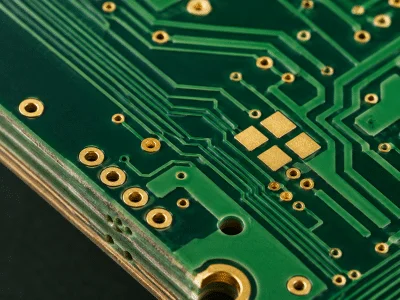 Macro close-up of a bare 4 layer PCB with traces, vias, and gold pads Macro close-up of a bare 4 layer PCB with traces, vias, and gold pads