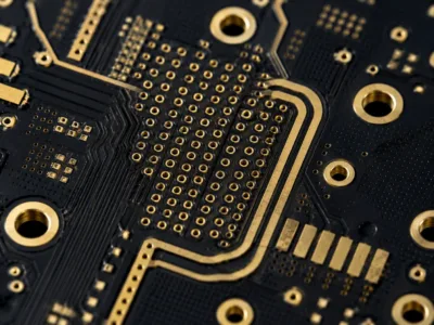 Microvia and impedance routing detail on a Rogers high-frequency PCB