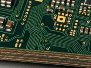 Multilayer PCB stack-up detail with laminated board edge, controlled routing traces, plated vias, and ENIG pads