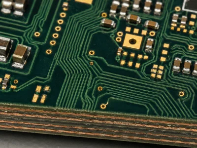 Multilayer PCB stack-up detail with laminated board edge, controlled routing traces, plated vias, and ENIG pads