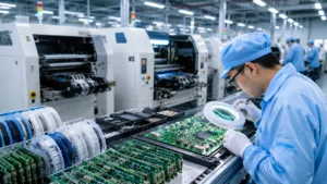 Technician inspecting assembled circuit boards beside an SMT production line