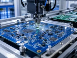 PCB prototype assembly process with SMT components on a blue circuit board