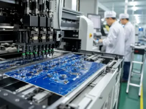 Printed circuit board assembly production line with blue PCBs in SMT manufacturing factory