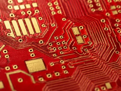 Red solder mask prototype PCB detail with fine copper routing