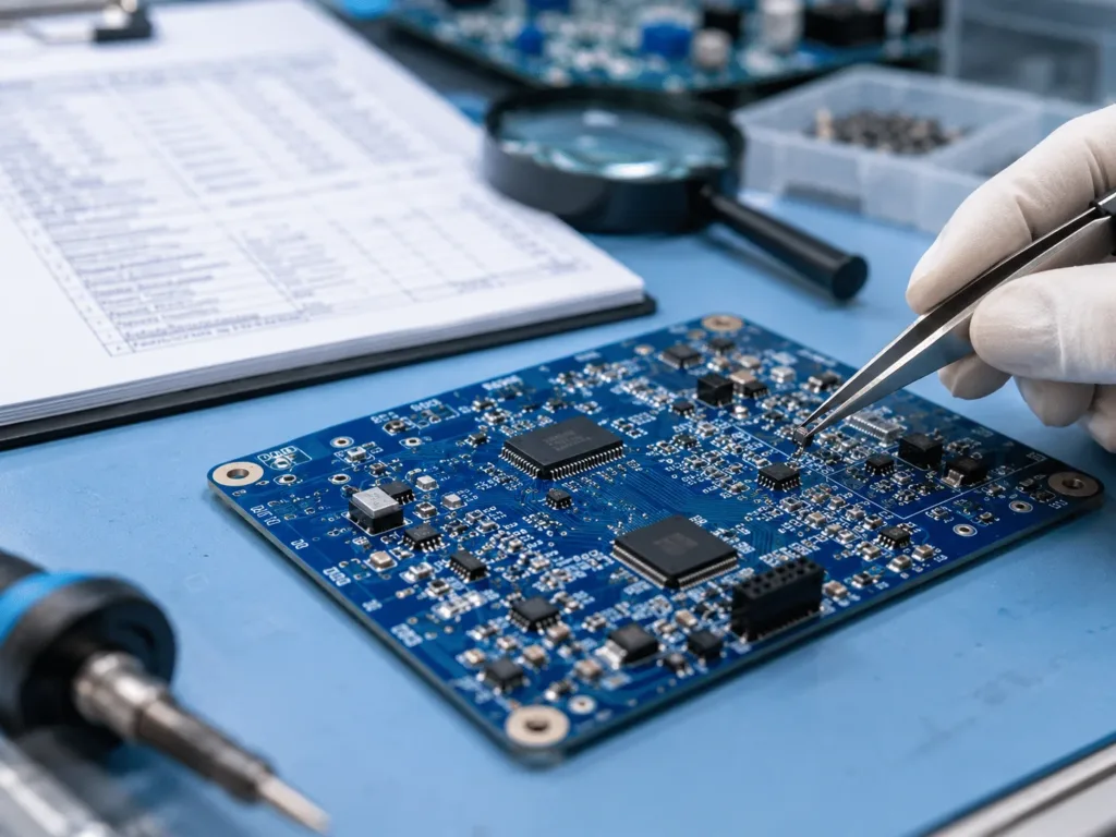 SMT prototype assembly on a blue PCB with tweezers and BOM checklist