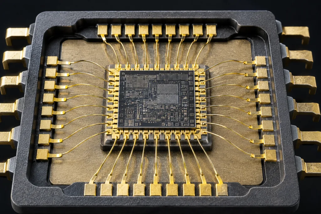 emiconductor die connected to package terminals by gold wire bonding