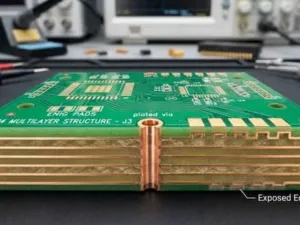 FR4 PCB material detail with green solder mask, plated vias, ENIG pads, and exposed multilayer edge structure Featured Image Export Requirement: